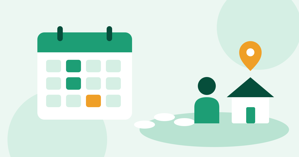 A calendar with several days marked in teal and one in gold sits beside a path of stepping stones leading to a person standing next to a small house with a map pin above it.